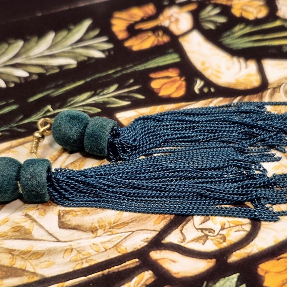 Forest Dark Green Teal Metal Tassel Earrings - Picture 5 of 6